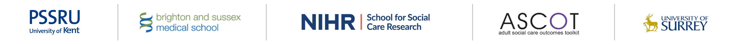 the logos of the various institutions of the research team: PSSRU, Brighton & Sussex Medical School, NIHR school for social care research, The Adult Social Care Outcomes Toolkit and the university of Surrey