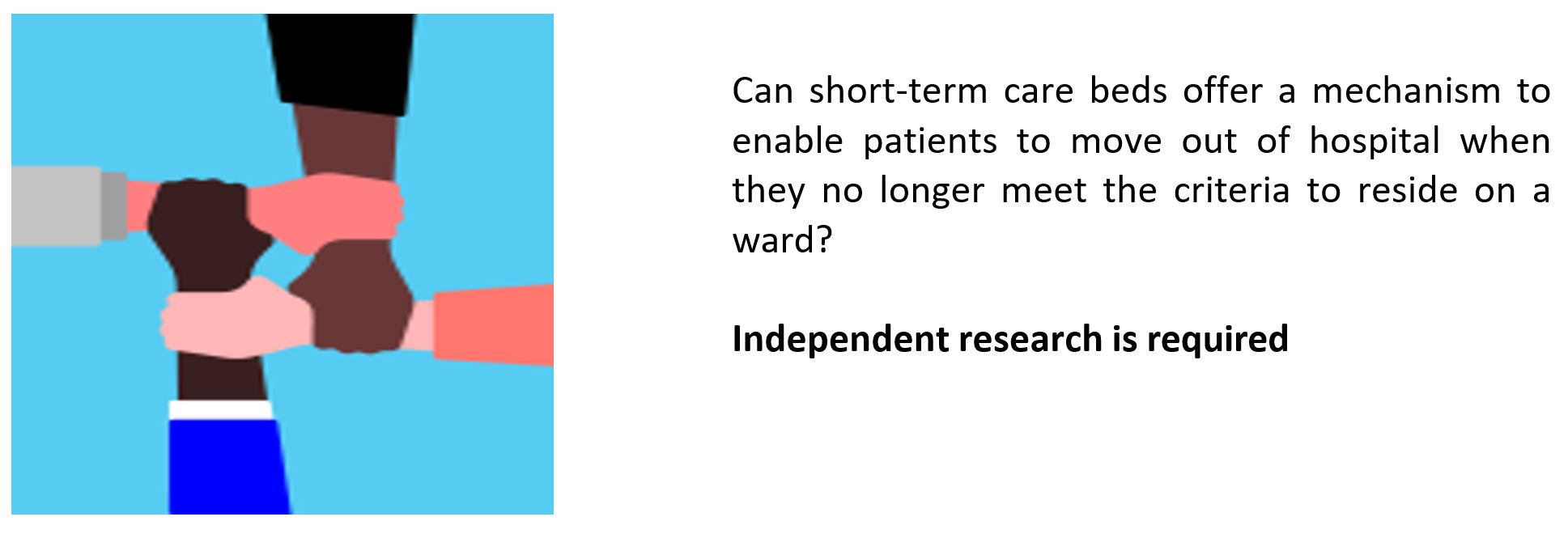 Image of four hands joined together - text reads: Can short-term care beds offer a mechanism to enable patients to move out of hospital when they no longer meet the criteria to reside on a ward? Independent research is required 